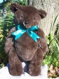 Penelope | Handmade teddy bear with feminine ribbon and chocolate colored fur. Custom text on foot