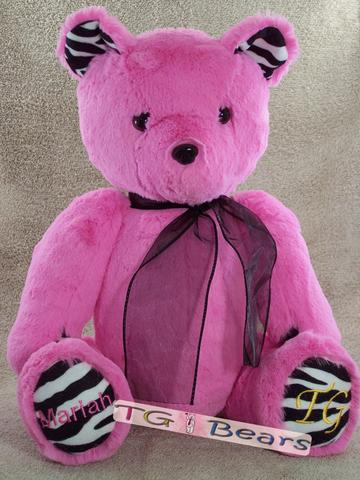 Custom teddy bear with personalization in hot pink with zebra print.
