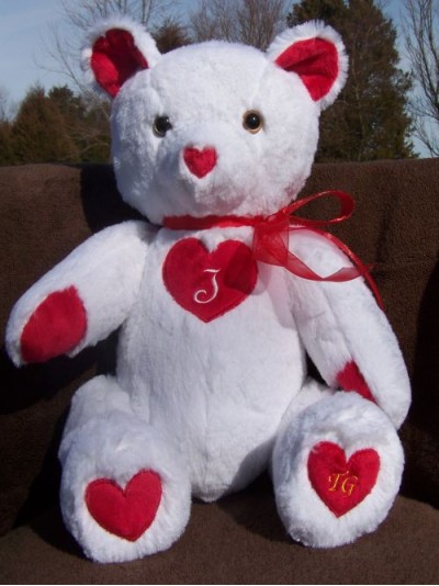 Juliet | Handmade custom teddy bear showing love with lots of hearts and a monogram