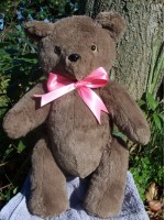 Merlena | Handmade teddy bear with feminine ribbon. Custom text on foot