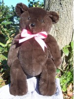 Penelope | Handmade teddy bear with feminine ribbon and chocolate colored fur. Custom text on foot