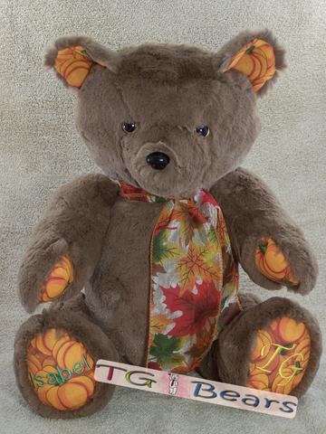 Autumn | Cappuccino colored handmade teddy bear with pumpkin accents