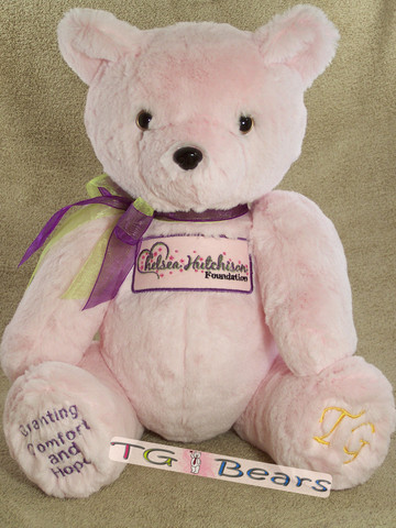 Chelsea Bear, handmade mascot teddy bear for the Chelsea Hutchison Foundation.