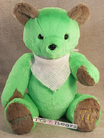 Earth Bear made of lime green fur with cappuccino accents and personalized.