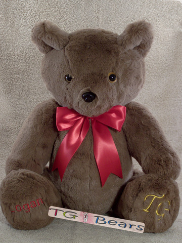 Handmade teddy bear Hernando with a red ribbon