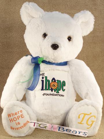 Kathi Bear raising Intracranial Hypertension awareness with white fur