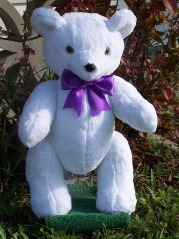 Knut Bear wearing a purple ribbon.