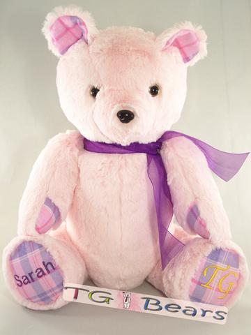 Lucy Bear with pink and purple plaid accents