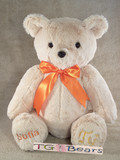 A personalized Theodore Bear with an orange ribbon